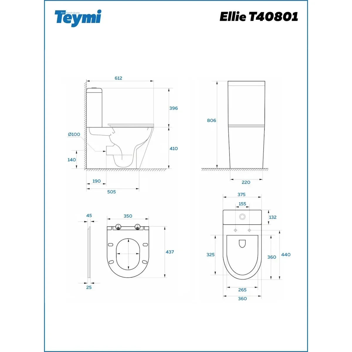 Унитаз напольный безободковый Teymi Ellie T40801 (сиденье микролифт) Teymi T40801_схема